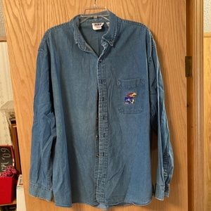 Men’s denim Button-up KU Jayhawks shirt.